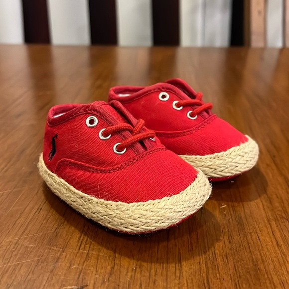 Polo Ralph Lauren red canvas Bowman Lace Crib shoes sneakers Infant Baby Size 2 - Picture 1 of 12
